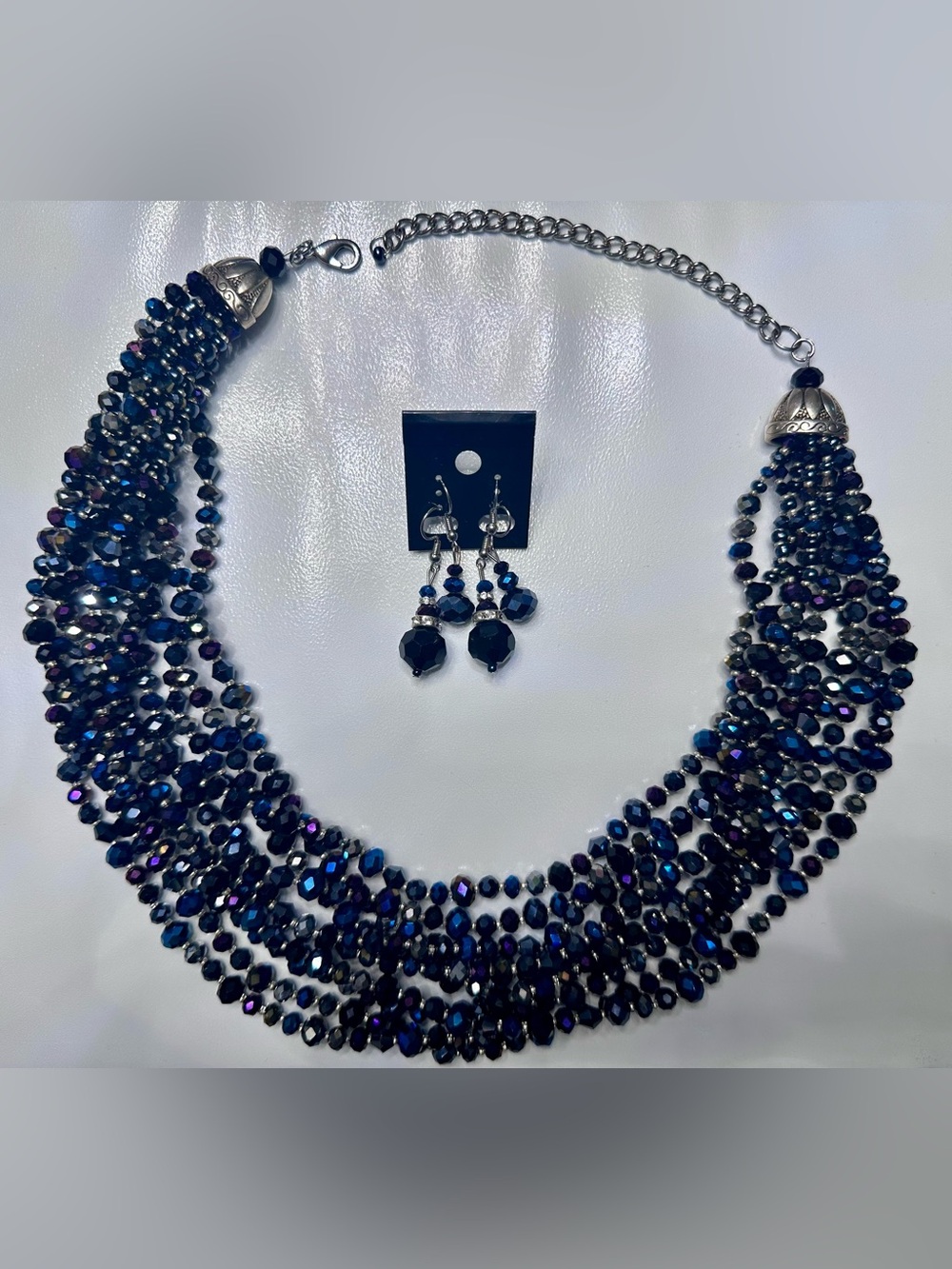 New Chunky Black,Purple,Blue, Crystal Necklace with Matching 2 Sets of Earrings